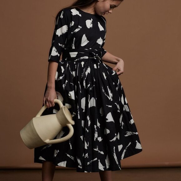 Feather Drum Layne Midi Dress with Obi Belt – Chalk Print | Size S/M - Picture 1 of 15